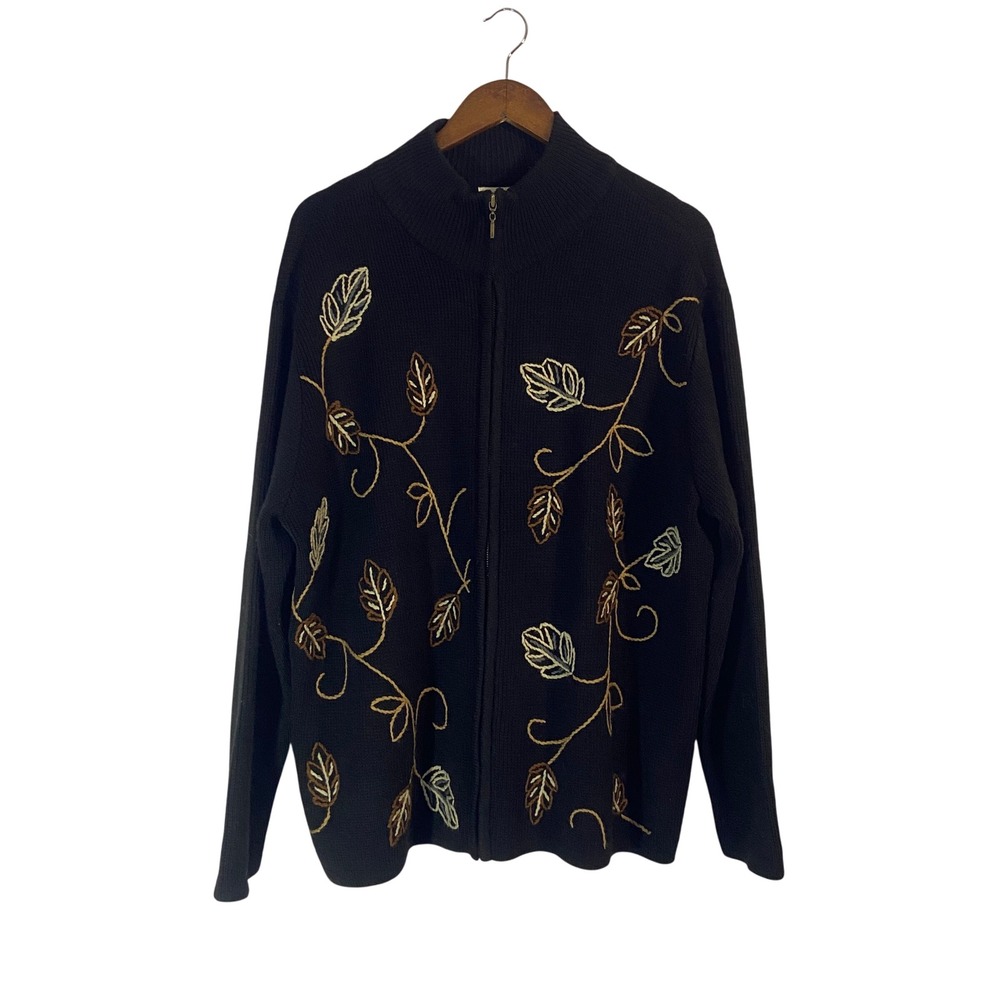 Classic Elements Womens 20/22W Black Floral Embroidered Knit Zip‎ Front Cardigan